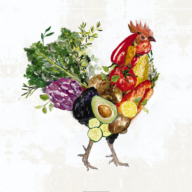 Vibrant Veggie Rooster - peinture sur toile tendue, H 36 po x l 36 po, Toile tendue, Non