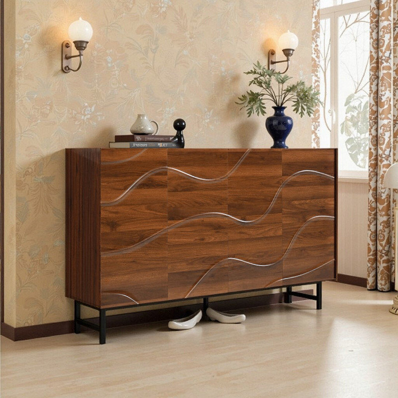 Walnut MDF Buffet Cabinet, 59"L x 16"D x 33"H, Geometric Carved Storage Credenza with Metal Legs