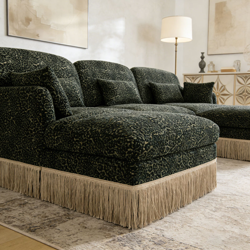 Comfy Chenille Leopard Printing Sofa,Delicate Tassel Edge,Movable Ottomans,Modern Fashion Style, Green+3seat+2Ottomans