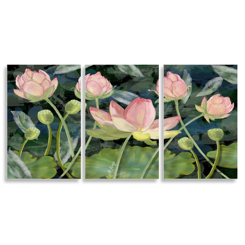 «Traditional Traditional Lotus Flowers in Floating Lily Pond» par Maureen Grigs - Ensemble de 3 peintures sans cadre sur toile