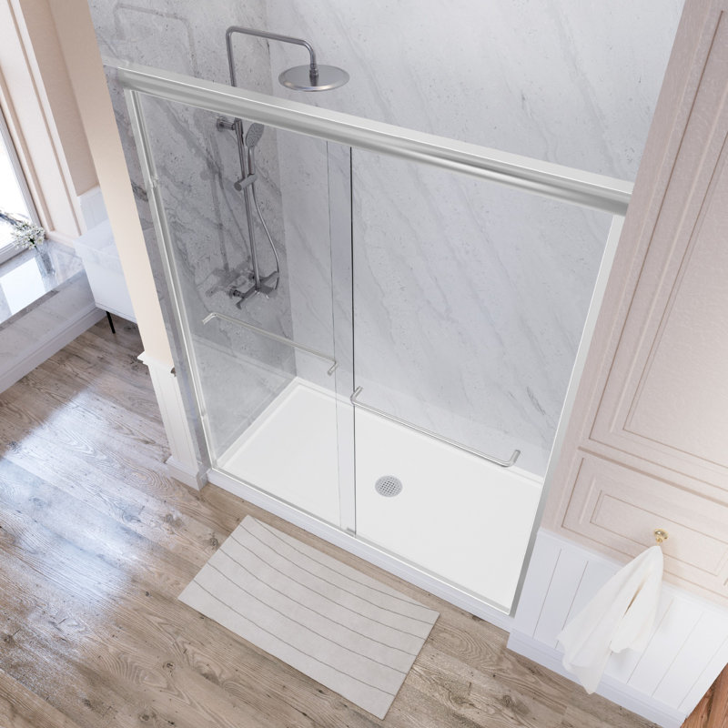 55" - 59'' W x 72'' H Double Sliding Door Semi-Frameless Shower Door With Two Towel Bars, Chrome, Clear