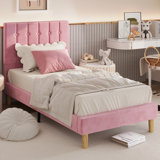 Gurit 43'' Modern Twin Bed Frames with Upholstered Velvet Headboard, Low Profile Design with Strong Wooden Slats, No Box Spring Needed and Noise-Free