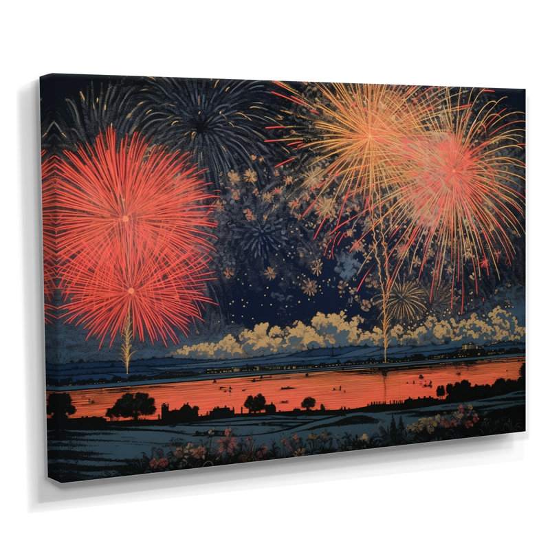 Feux d'artifice du Nouvel An au-dessus du pays rétro, Toile tendue, H 30 po x l 40 po x P 1,5 po