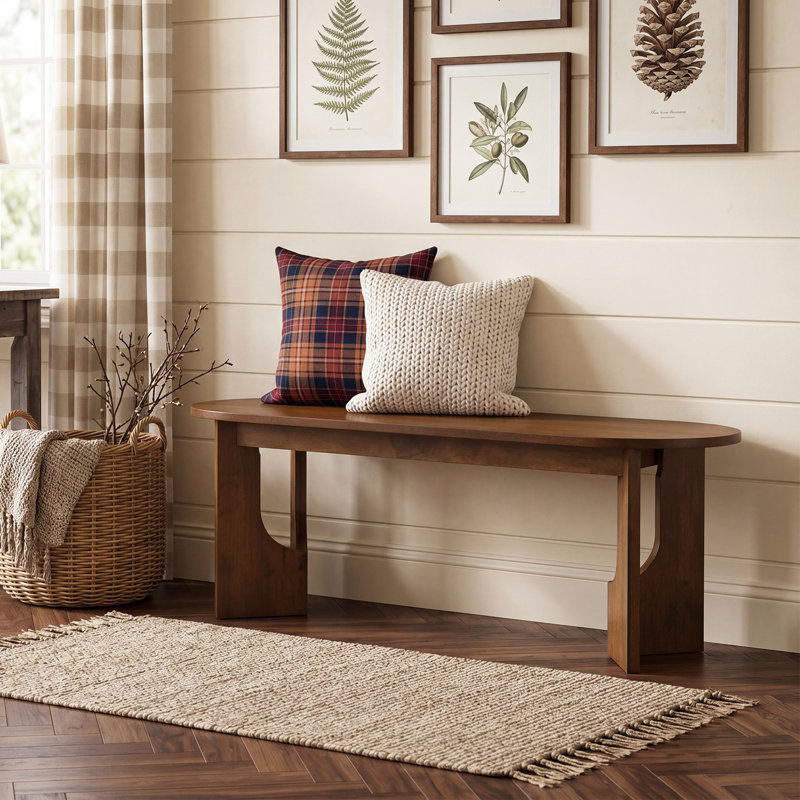 47" Wide Entryway Bench With Solid Wood Base, Brown, Wood Accent Bench Seating For 2, Dining Or Living Room, Cottage, Loft