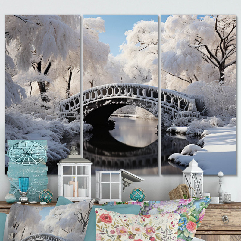 «Winter Landscape Snowy Bridges II» sur toile, reproduction de 3 pièces, H 32 po x l 48 po x P 1 po