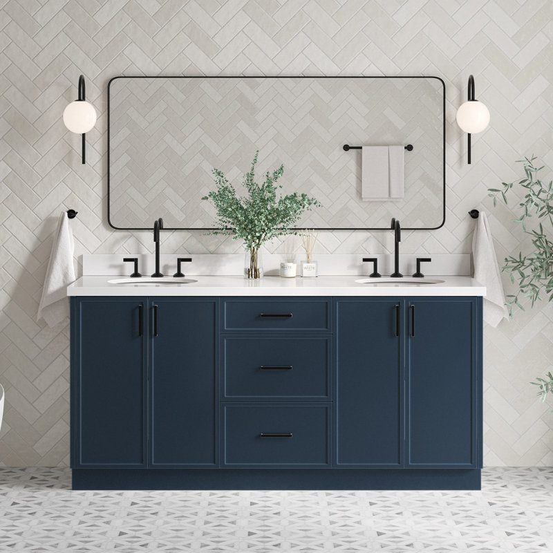 ARIEL Kelly 73 Double Sink Bathroom Vanity with Pure Quartz Top, Midnight Blue, Oval, Pure White Quartz