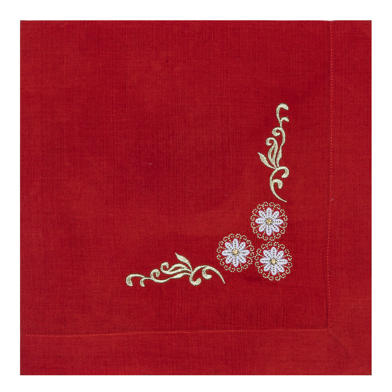 3 Flower Crystal Center Embroidered Napkin, Red/White