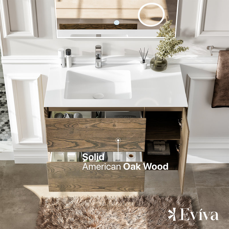 Eviva Ciocco 35 in. W Solid Wood Bath Vanity in Walnut with White Solid Surface Top with White Sink