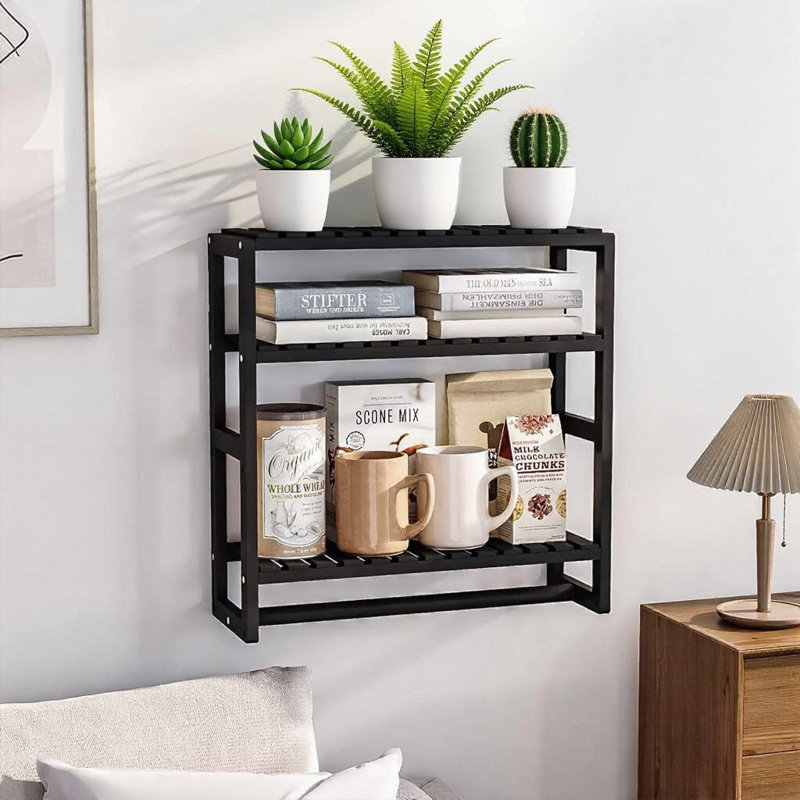 Black Adjustable Three‑Tier Bamboo Floating Shelf With Hanging Rod Above Toilet For Bathroom Storage And Towel Hanging