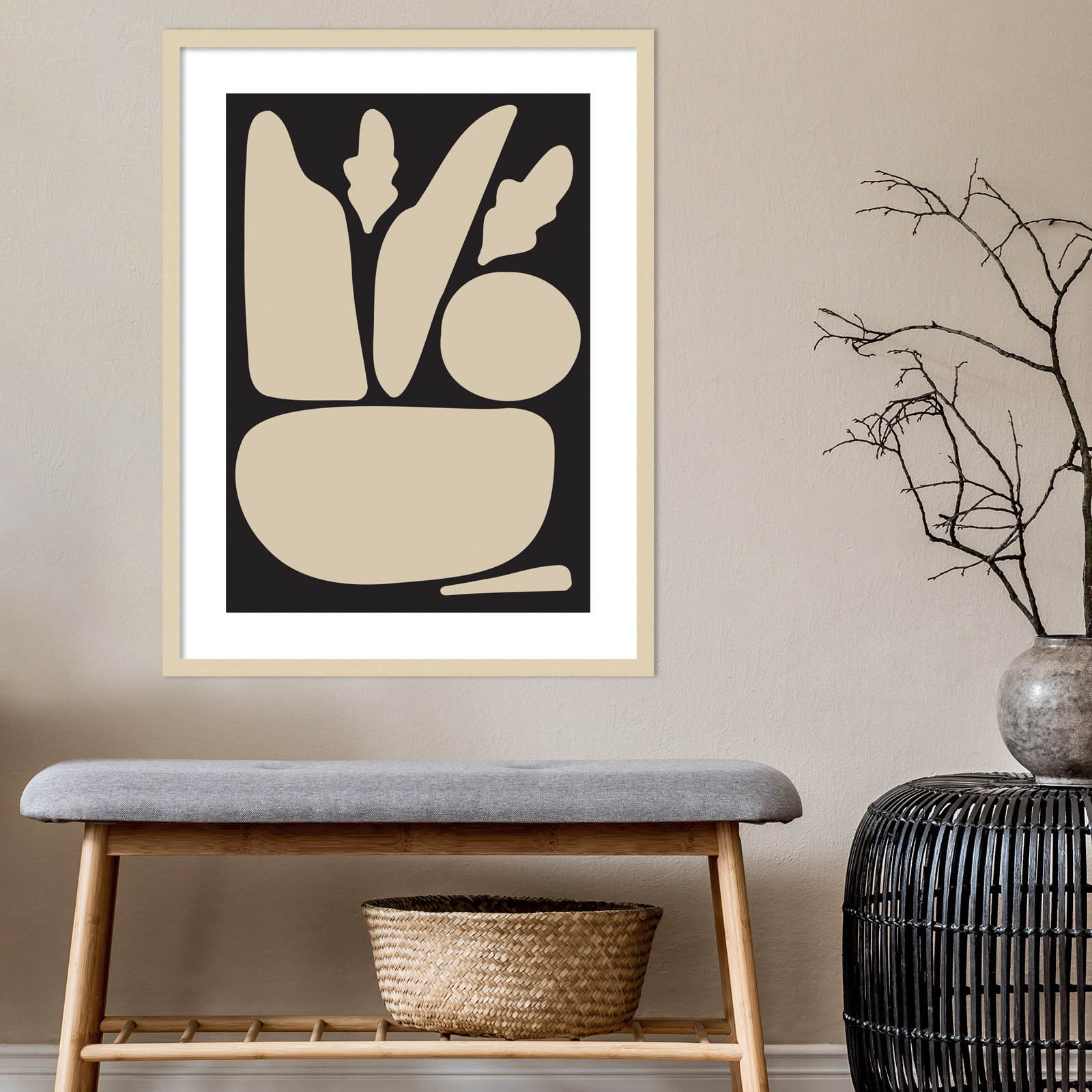Zen Botanical Rock Black and Tan Print, Brown Framed, 33" H x 25" W