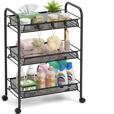 3-Tier Metal Rolling Cart, Mesh Wire Easy Assemble Utility Cart, Storage Trolley on Wheels with 3 Hooks, MetalStorage Shelving Units for Kitchen Bathroom Laundry Room