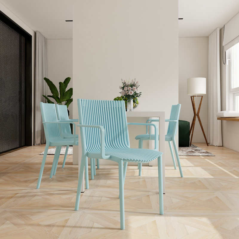 Table longue blanche moderne de 55 pouces, fauteuils en polypropylène empilables 4 pièces, intérieur / extérieur, durabilité toutes saisons, métal thermolaqué, forme de chaise ergonomique, plateau de table de haute qualité, -,,, et