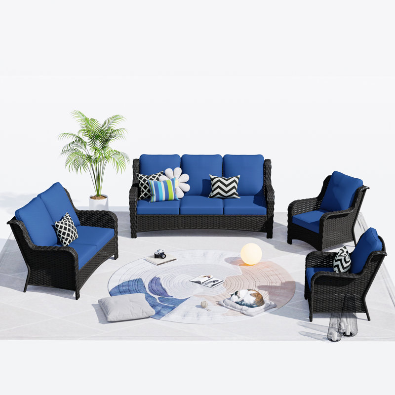 5 - Person Patio Conversation Set with Cushions, Navy Blue, No