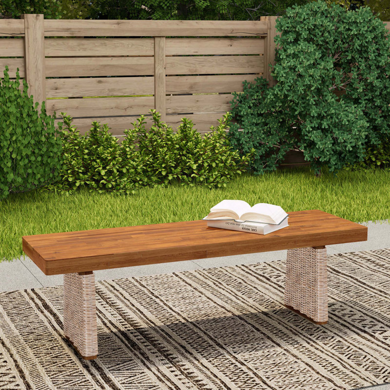 Outdoor Acacia Wood Bench Teak Finish Wicker Slat Design, Brown/Teak