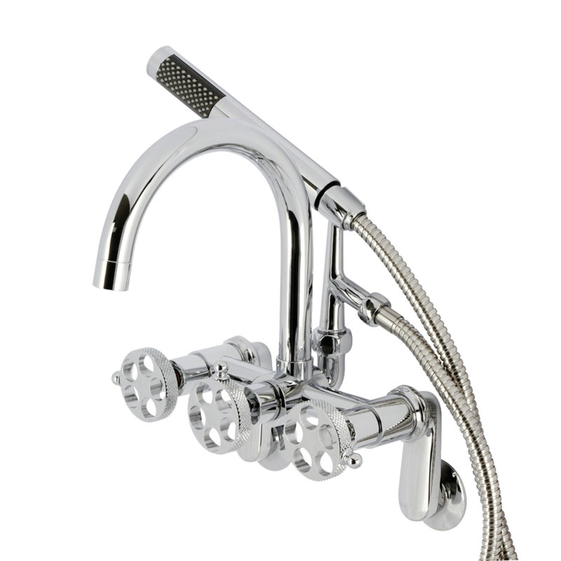 Kingston Brass Webb Three-Handle 2-Hole Adjustable Wall Mount Clawfoot Tub Faucet with Knurled Handle and Hand Shower, Silver