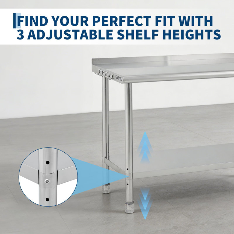 Table de préparation commerciale robuste en acier inoxydable 30 x 24 x 35 po avec dosseret, table de travail avec pieds réglables pour le service de restauration, poste de travail de cuisine Arc Edge avec tablette réglable