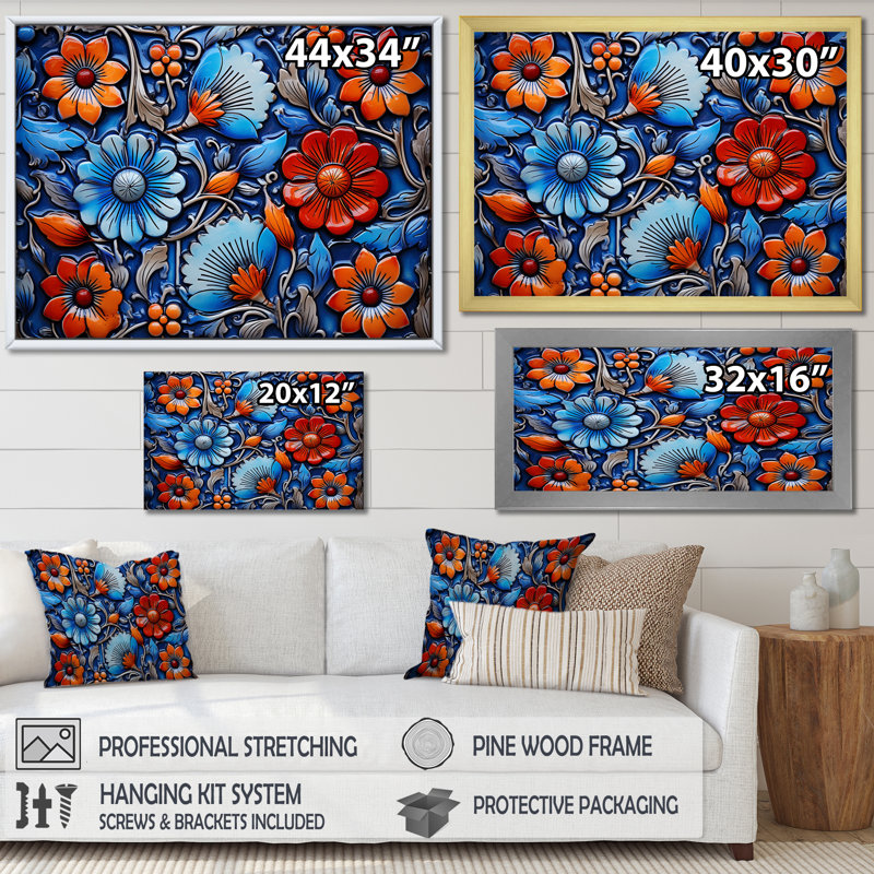 Motif floral mosaïque bleue et orange 2 - Boho mosaïque murale, H 12 po x l 20 po x P 1 po, Toile tendue