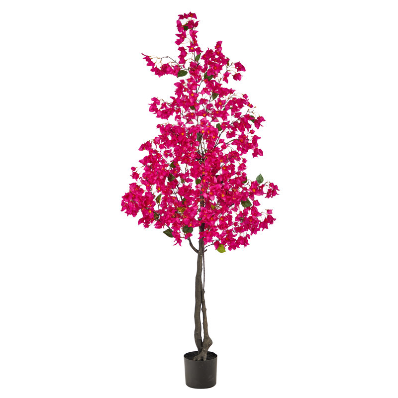 Faux Flowering Tree in Planter, White, 72" H x 31" W x 10" D