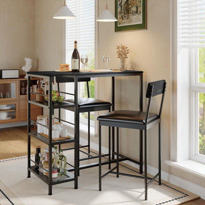 3-Piece Modern Dining Set, Dining Table Set with 2 Upholstered Bar Stools, with 3-Tier Storage Rack, Kitchen Bar Table