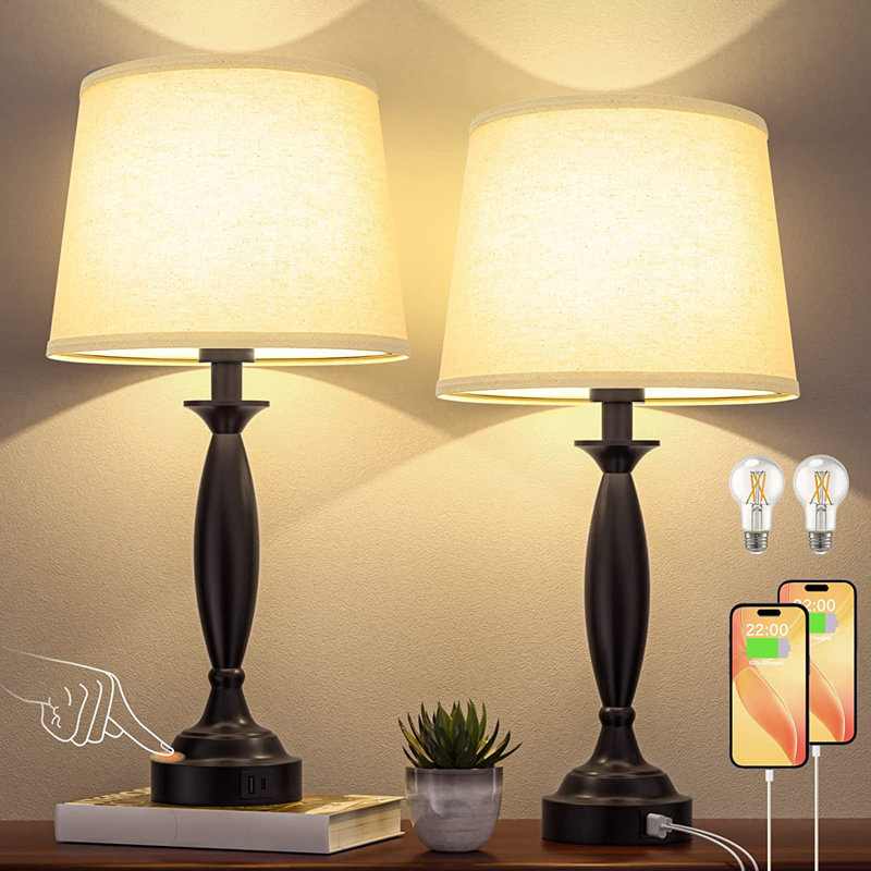 Lampe de table USB en métal Stantonsburg, Noir, Crème