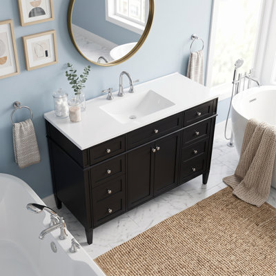 Meuble-lavabo autoportant intégré en MDF de 122 cm (48 po) avec comptoir en composite, rangements multiples et quincaillerie à fermeture amortie