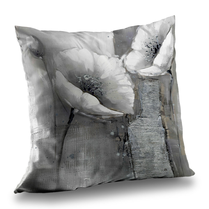 Industrial Monochrome Flowers - White Botanical Throw Pillow – Poly Twill Throw Pillow with Insert, Double-Sided Print