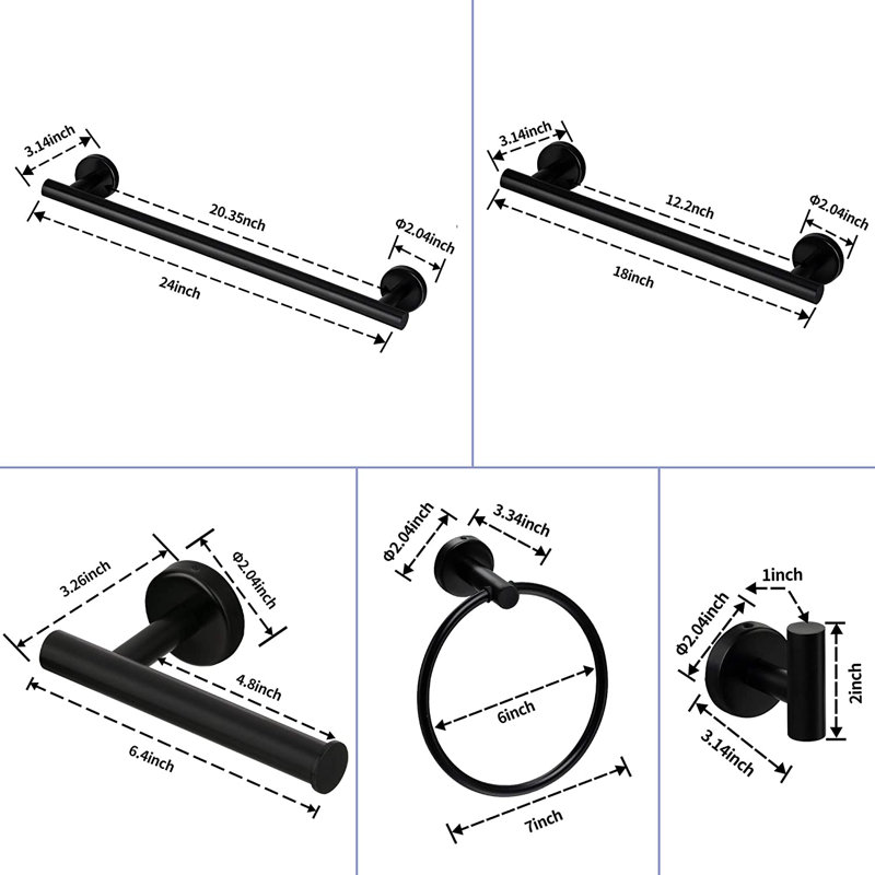 Ensemble de barre à serviettes 6 pièces en acier inoxydable SUS304, Noir mat