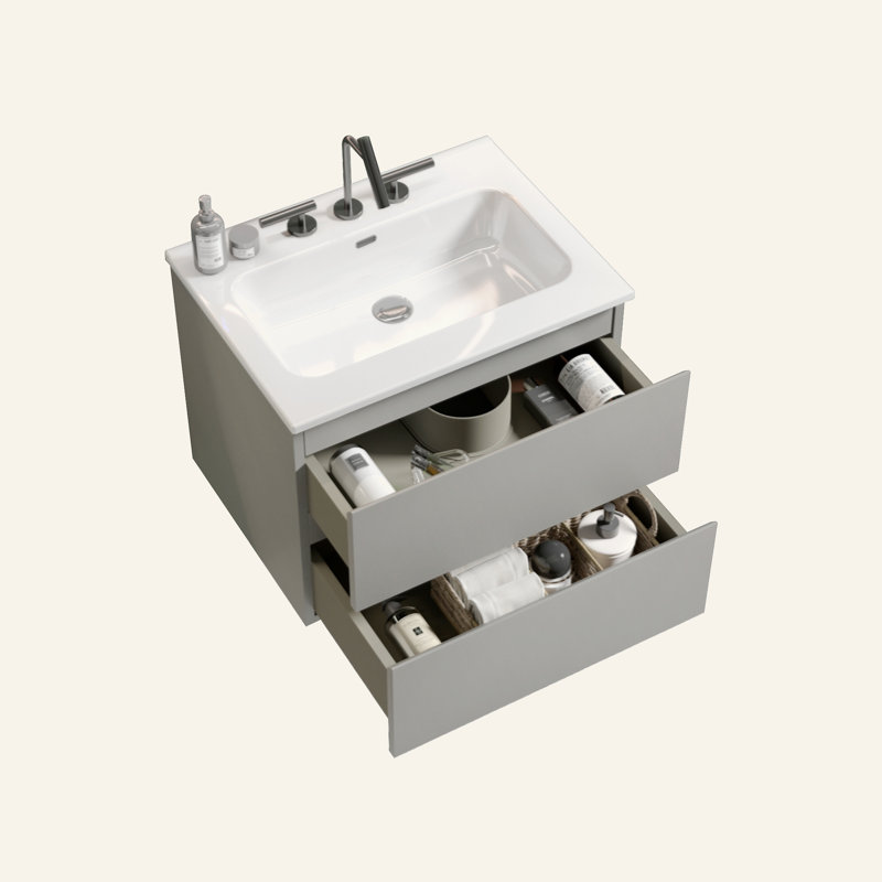 Meuble-lavabo mural 24 po avec lavabo en céramique avec trois trous de robinet, grand meuble-lavabo flottant de rangement pour salle de bain moderne, lavabo une pièce sans drain, pré-assemblé