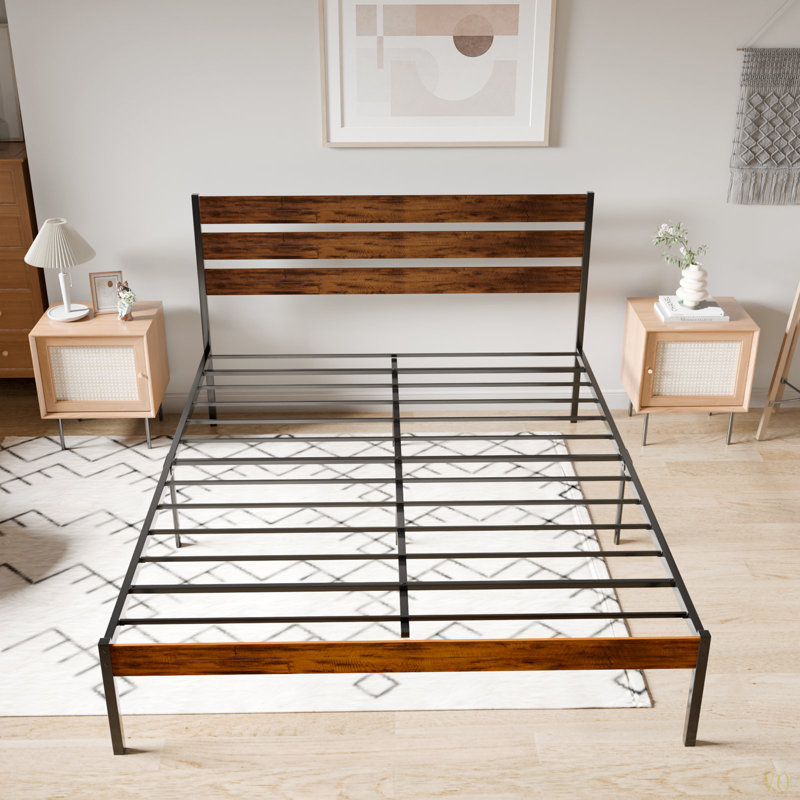 Queen Size Rustic Wood Headboard Platform Bed Frame, No Box Spring Needed