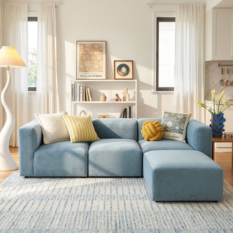 Rungata 101" Performance Velvet Modular Sectional With Reversible Chaise Ottoman, Blue