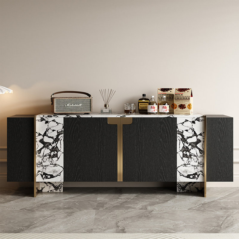 Armoire d'appoint décorative en marbre de style français, 35.43" H x 70.86" W x 15.75" D, Black/White/Gold