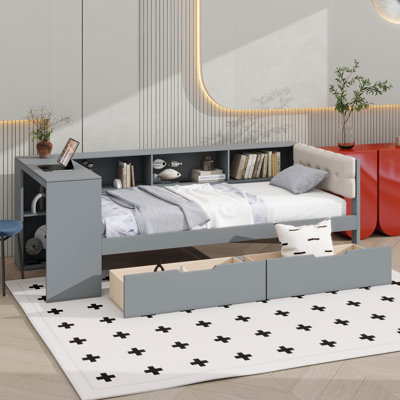 Twin Size Platform Bed Comes With Shelves, Drawers, Charging Port, And Headboard Covered In Fabric