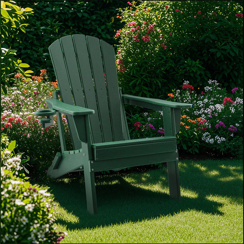 HDPE Folding Adirondack Chair With Cup Holder,Weather-Resistant, Low Maintenance,Supports Up To 400Lbs,4 Pack, Green