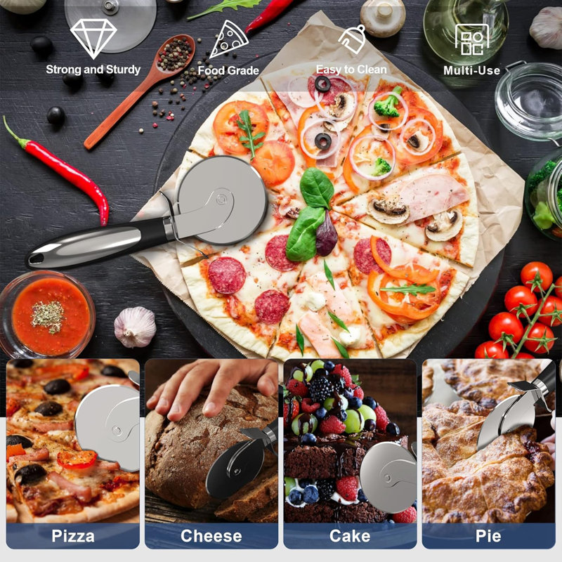 Couteau à pizza professionnel avec couteau à tarte - Lame tranchante en acier inoxydable 430 pour pizza, gâteau et gaufres