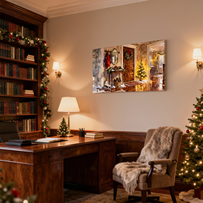 Ensemble de 3 impressions sur toile, entrée de Noël avec arbre et couronne, H 16 po x l 24 po