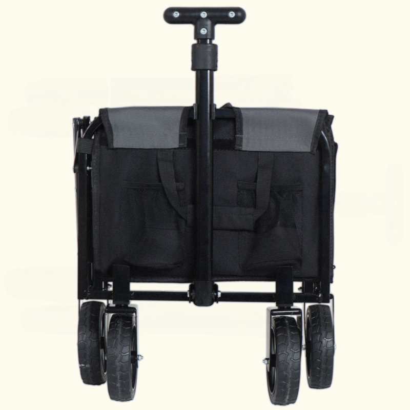 Chariot de camping pliable tout-en-un avec banquette, compartiment de rangement et attache pour chien, Noir/gris