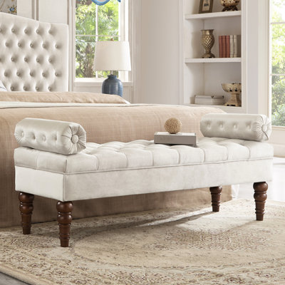 Banc de chambre rembourré avec détails - velours champagne et boutons en bois massif