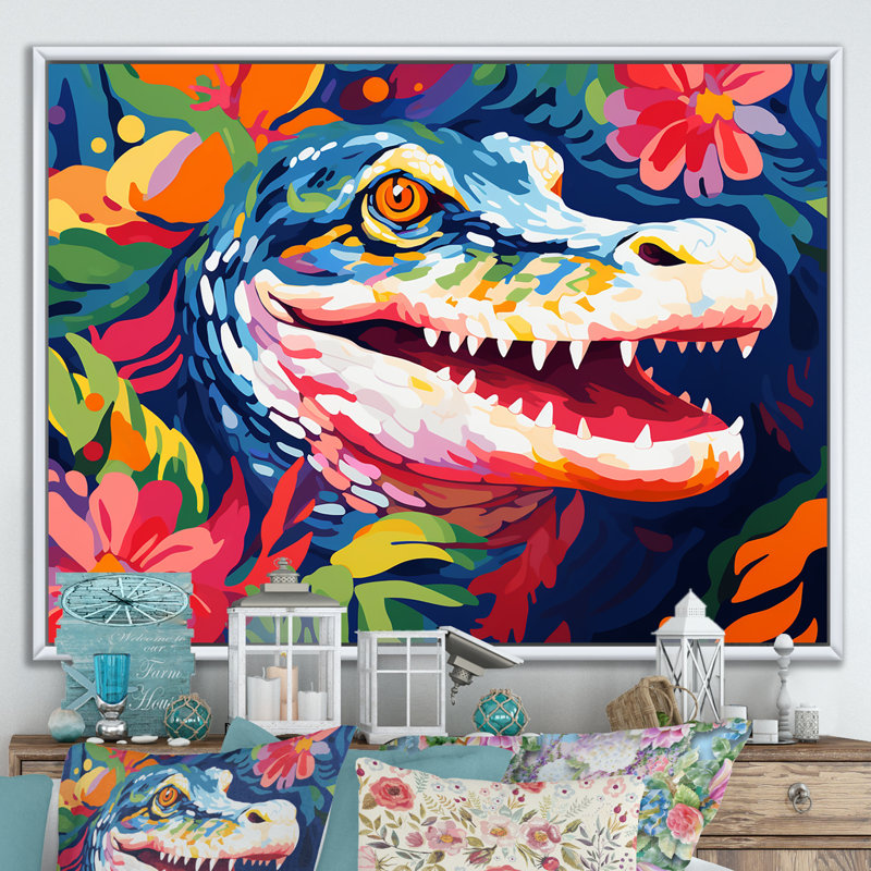Popart alligator I, art mural crocodile, H 16 po x l 32 po x P 1 po, Cadre flottant blanc