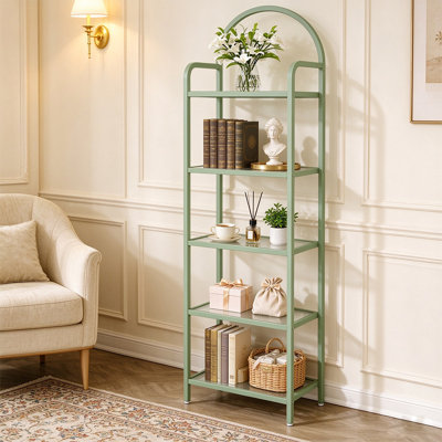 5-Tier Oval Top Metal Frame Tempered Glass Bookshelf, Slim Display Storage Unit for Bedroom, Bathroom & Home Office