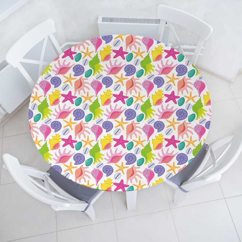 Ambesonne Shells Fitted Round Tablecloth White Multicolor, 67.72" Round