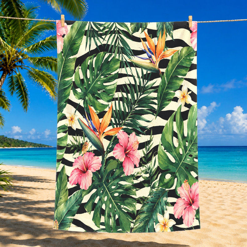1PCS Tropical Botanical Beach Towel, Vibrant Floral Print Microfiber for Adults, Quick Dry Absorbent Swimming Travel and Camping, Featuring Hibiscus Bird of Paradise Leaves