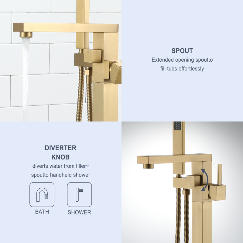 Robinet de baignoire autoportant monocommande à fixation au sol avec douche à main, Laiton brossé