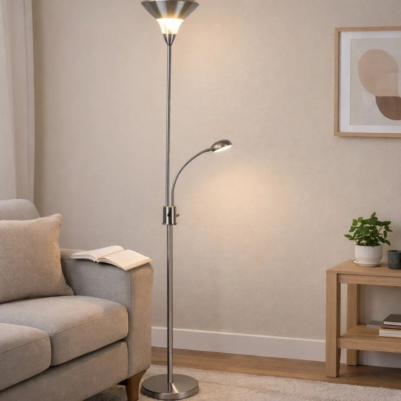 Lampe torchère avec lumière DEL, bras réglable, nickel satiné