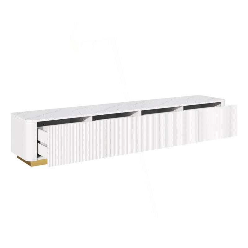 Tv Stand With 4 Drawers, Faux Marble Tabletop And Curved Profile Design, White