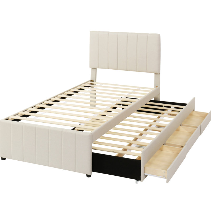 Twin Upholstered Platform Bed With Trundle And Storage, Beige Linen Touch 3 Storage Drawers