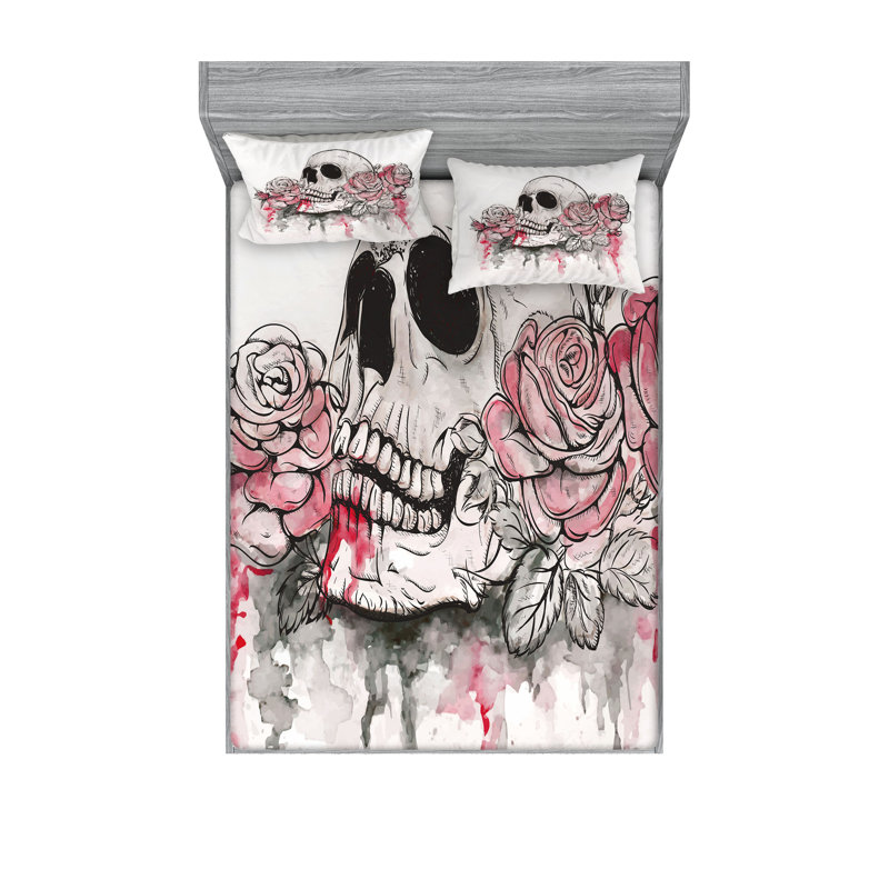 Drap-housse et coussin décoratif Ambesonne, blanc, rose pâle, noir, Ensemble de draps pour très grand lit californien