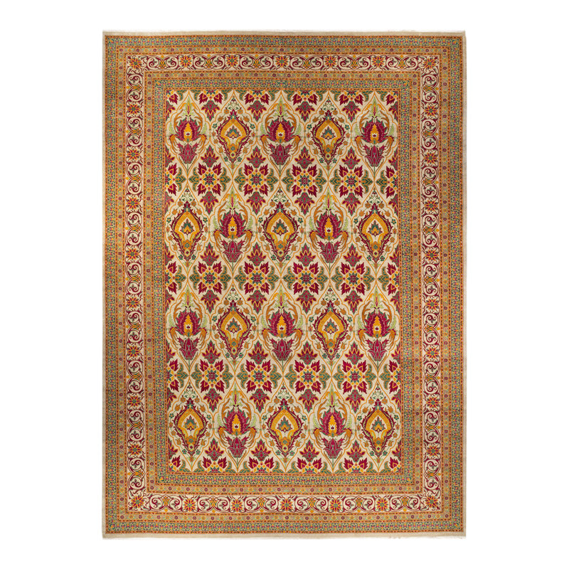 Tapis unique noué à la main ivoire de 12 pi 2 po x 17 pi 5 po Keenan