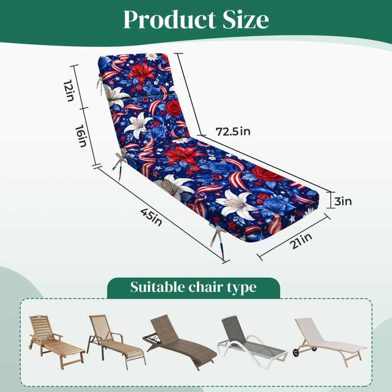  Outdoor Indoor 3'' Lounge Patio Cushion Red White Blue Patriotic Floral Stars Butterflies Ribbon Accents Water-Resistant Chaise Lounge Cushion for Chair Patio Furniture Seat Cushion