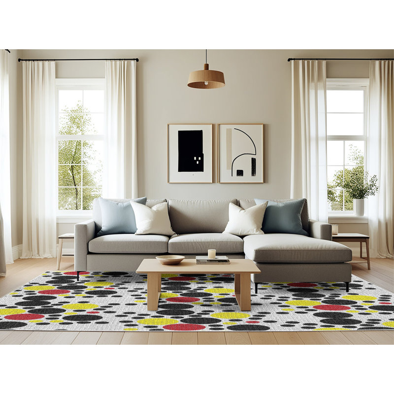 Tapis noir/jaune tissé à la machine, Rectangle 6 pi x 9 pi