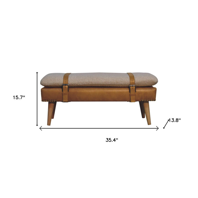 Banc rembourré de 35 pouces en cuir véritable bouclé ivoire et naturel et bois massif